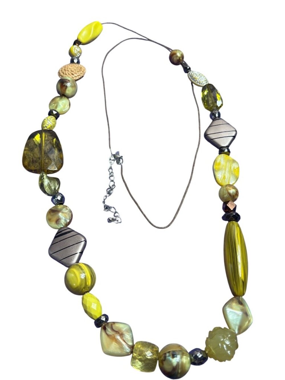 Lane Bryant Long Boho Beaded Necklace Yellow Green Grey Brown Cord 46-49 inches